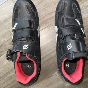 Peloton Black Cycling Shoes with Pink Lining and White Accents